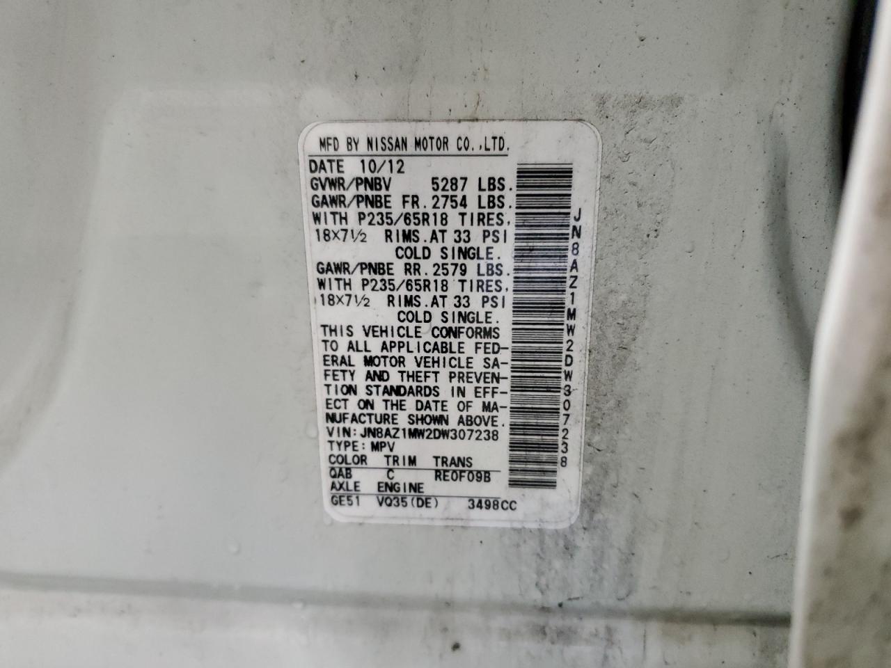 2013 Nissan Murano S VIN: JN8AZ1MW2DW307238 Lot: 81515695