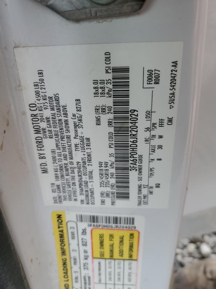 2018 Ford Fusion Se VIN: 3FA6P0HD6JR204029 Lot: 71851755