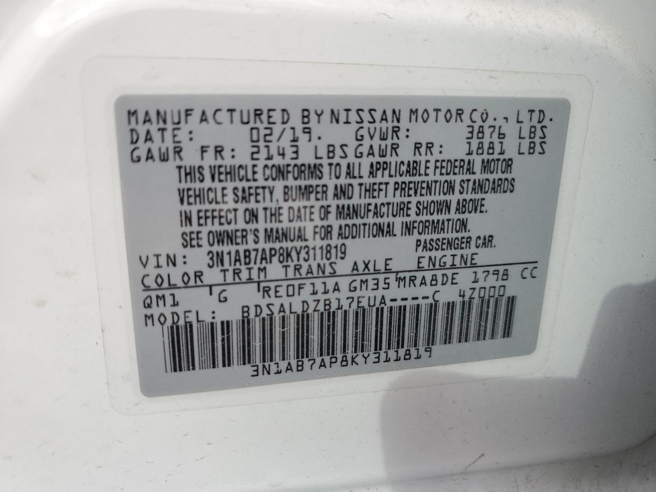 2019 Nissan Sentra S VIN: 3N1AB7AP8KY311819 Lot: 84455465