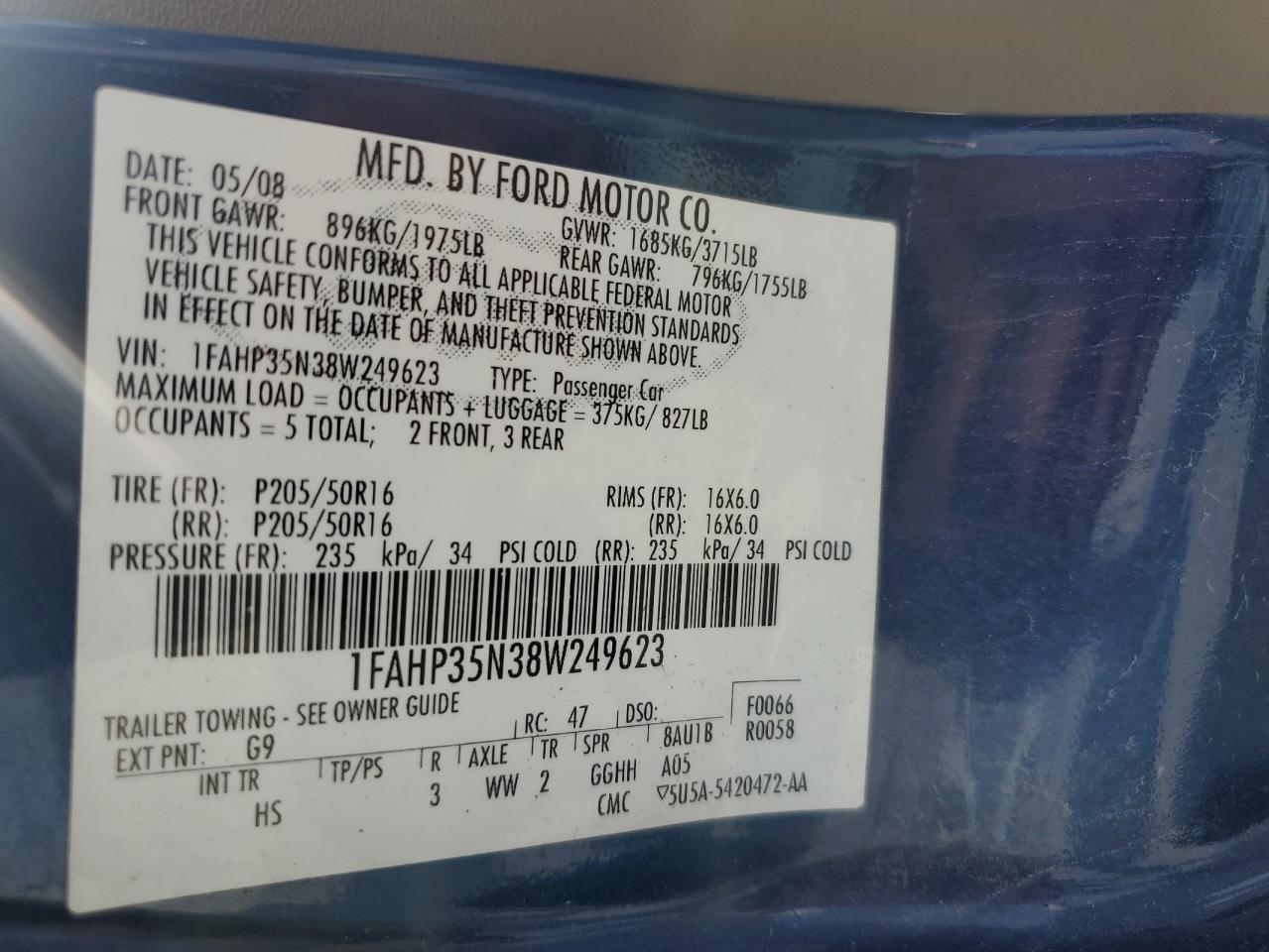 2008 Ford Focus Se VIN: 1FAHP35N38W249623 Lot: 80902955