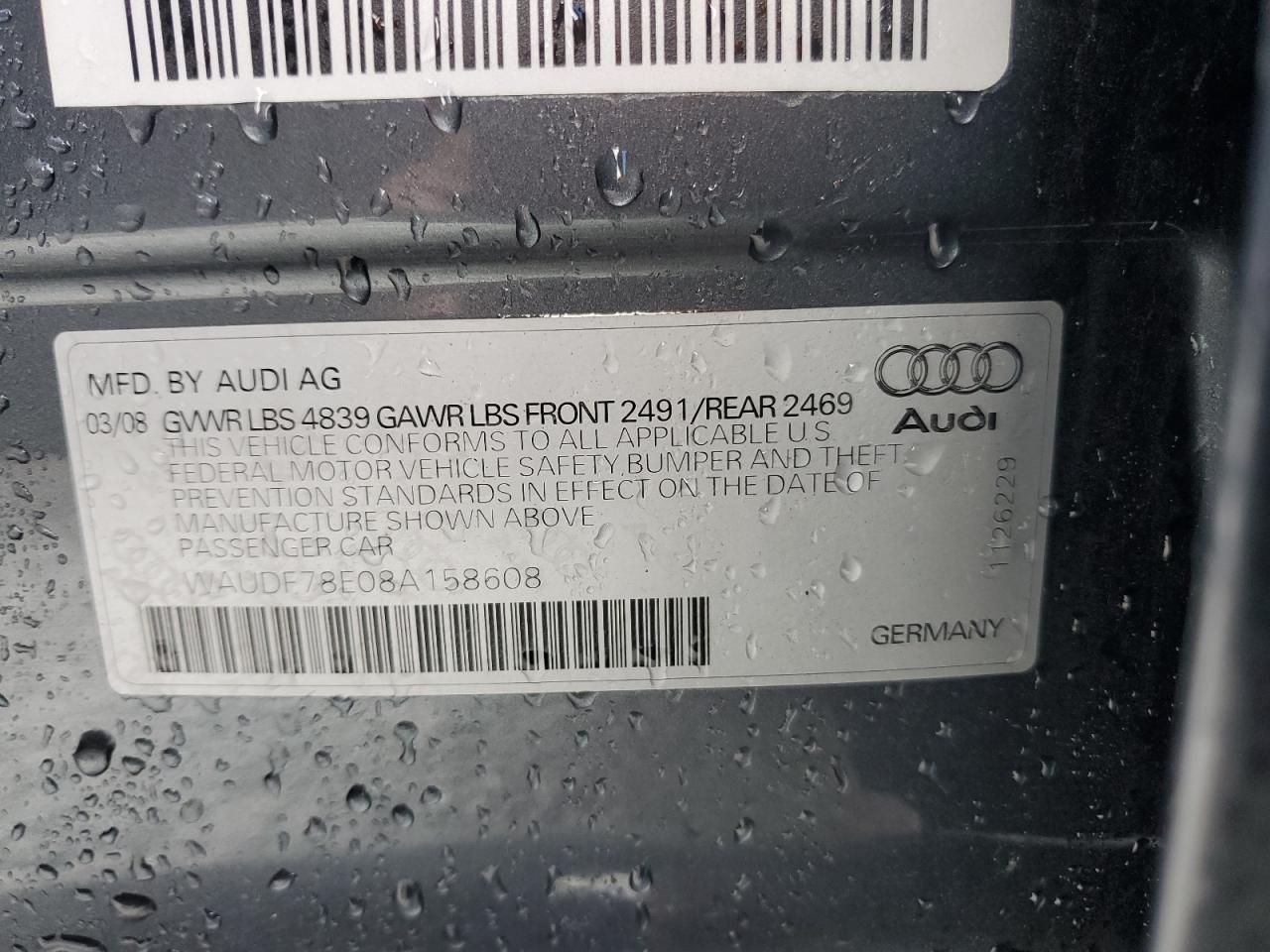 2008 Audi A4 2.0T Quattro VIN: WAUDF78E08A158608 Lot: 84184645