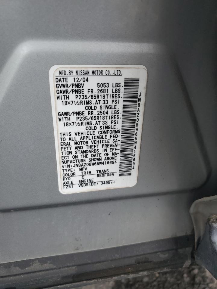 2005 Nissan Murano Sl VIN: JN8AZ08W65W416694 Lot: 84643945