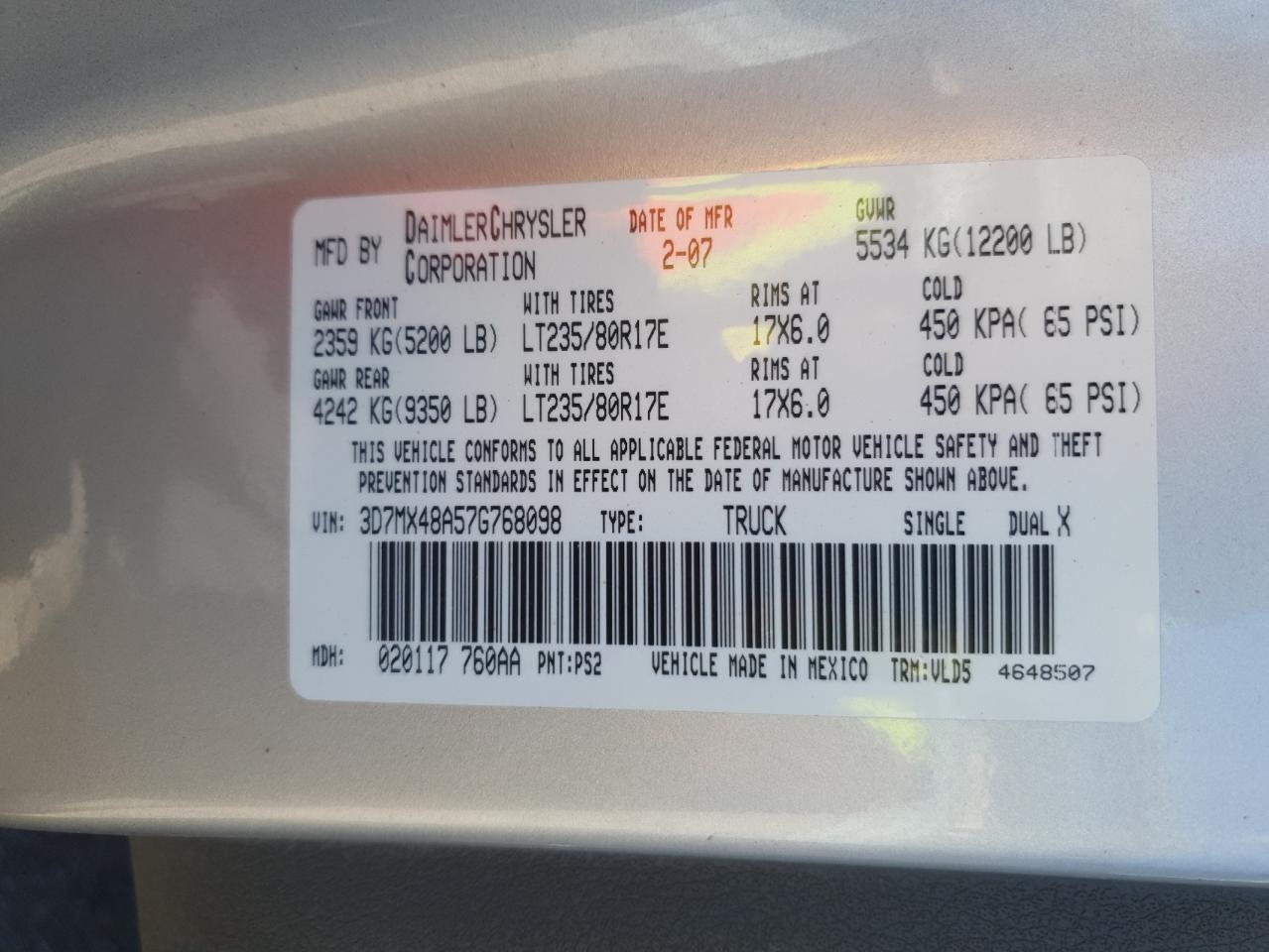 2007 Dodge Ram 3500 St VIN: 3D7MX48A57G768098 Lot: 71923315