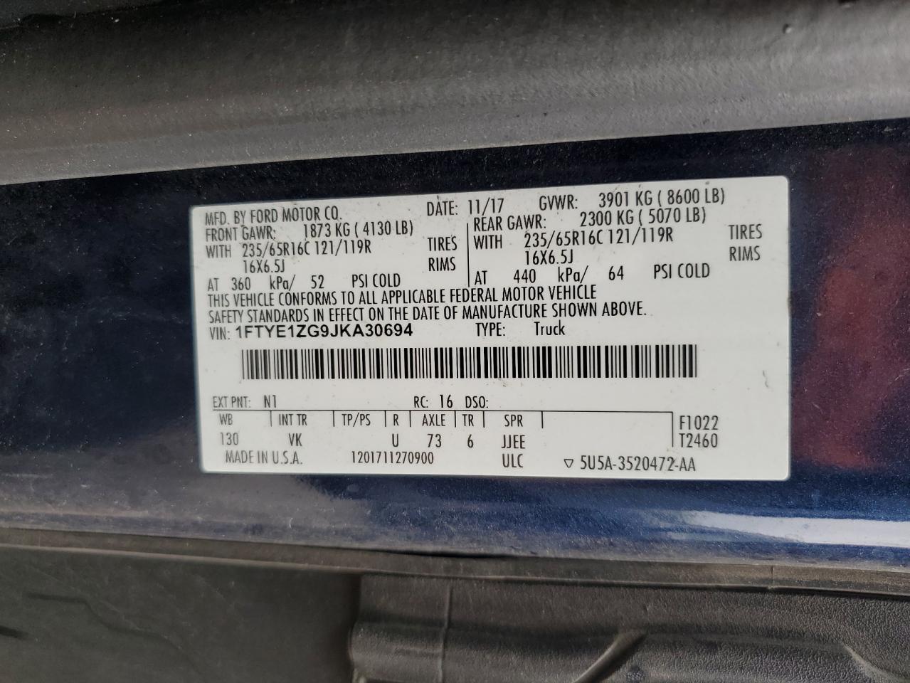 2018 Ford Transit T-150 VIN: 1FTYE1ZG9JKA30694 Lot: 80544075