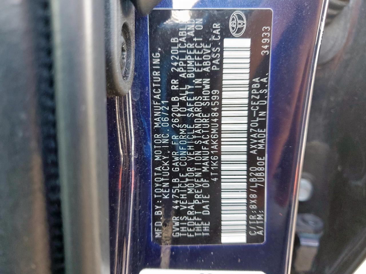 2021 Toyota Camry Xse VIN: 4T1K61AK6MU484599 Lot: 82069785