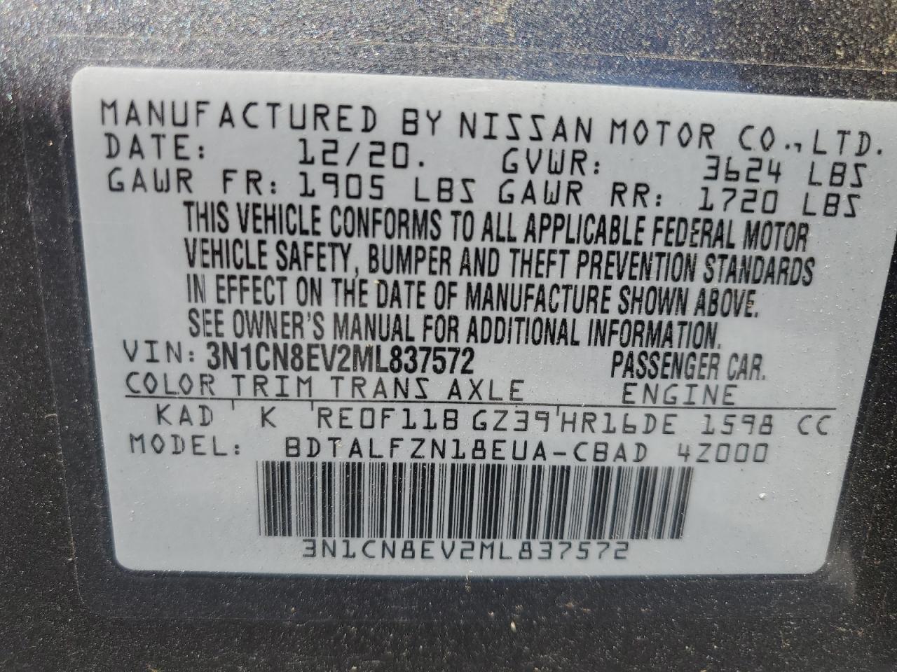 2021 Nissan Versa Sv VIN: 3N1CN8EV2ML837572 Lot: 72084495