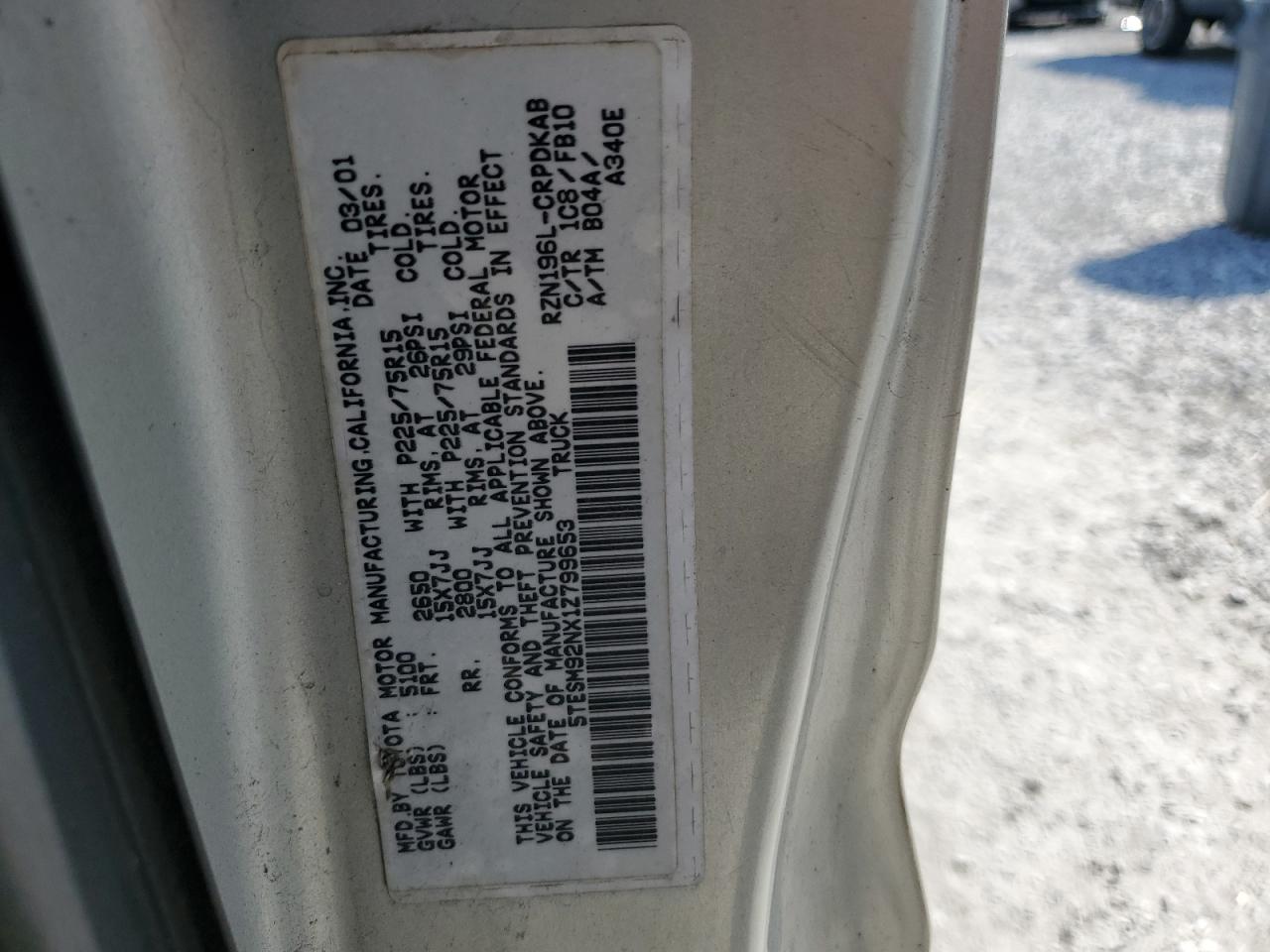 2001 Toyota Tacoma Xtracab Prerunner VIN: 5TESM92NX1Z799653 Lot: 80274355