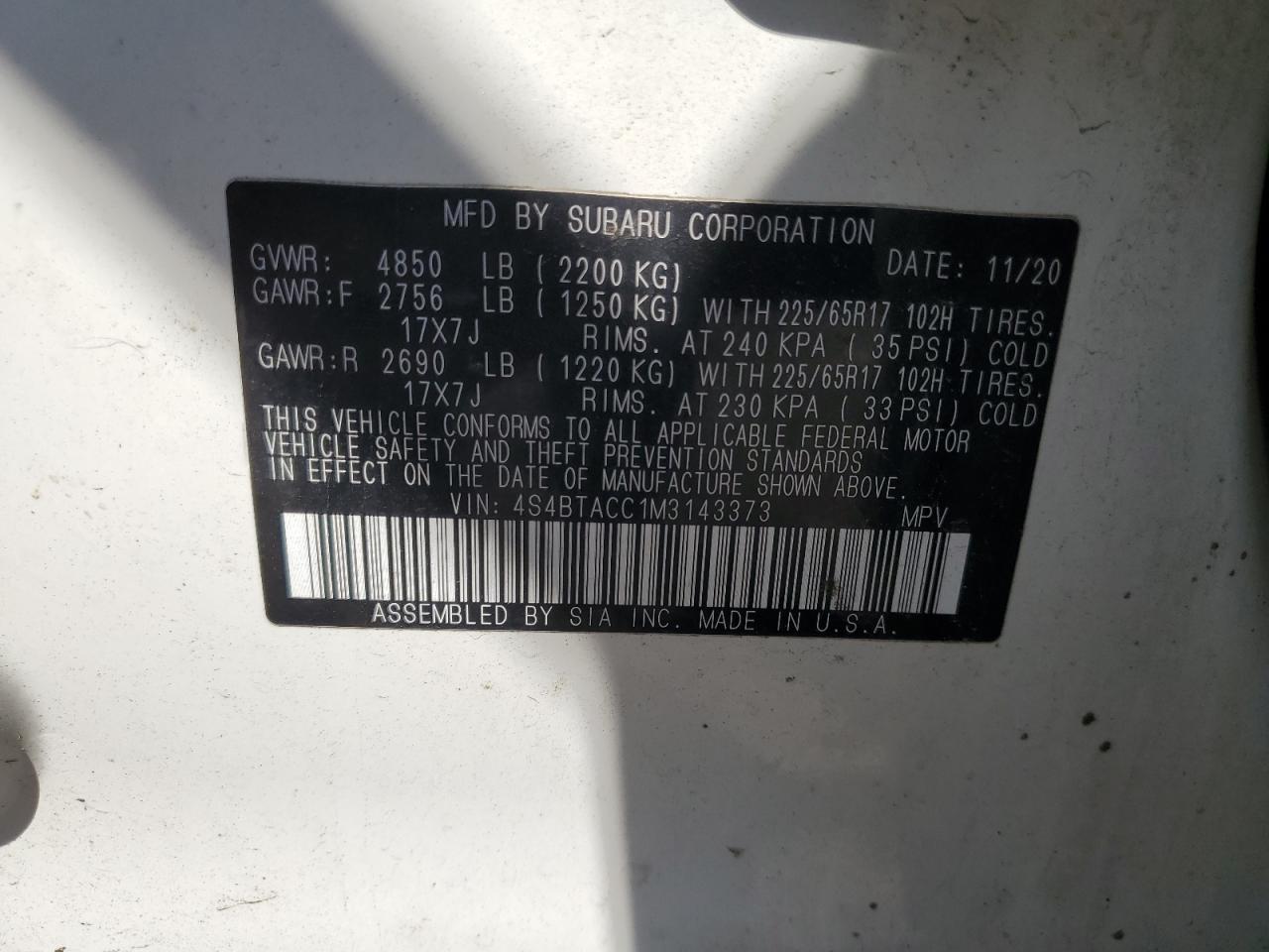 2021 Subaru Outback Premium VIN: 4S4BTACC1M3143373 Lot: 72019135