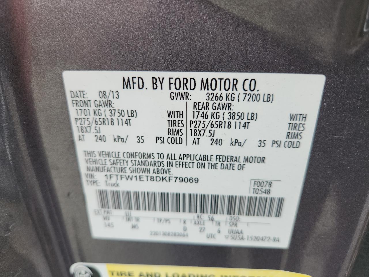 2013 Ford F150 Supercrew VIN: 1FTFW1ET8DKF79069 Lot: 80545235