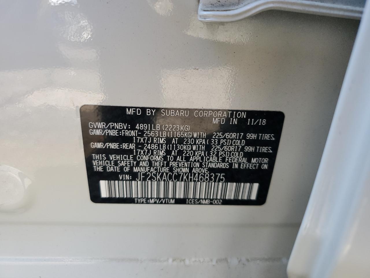 2019 Subaru Forester VIN: JF2SKACC7KH468375 Lot: 81042805