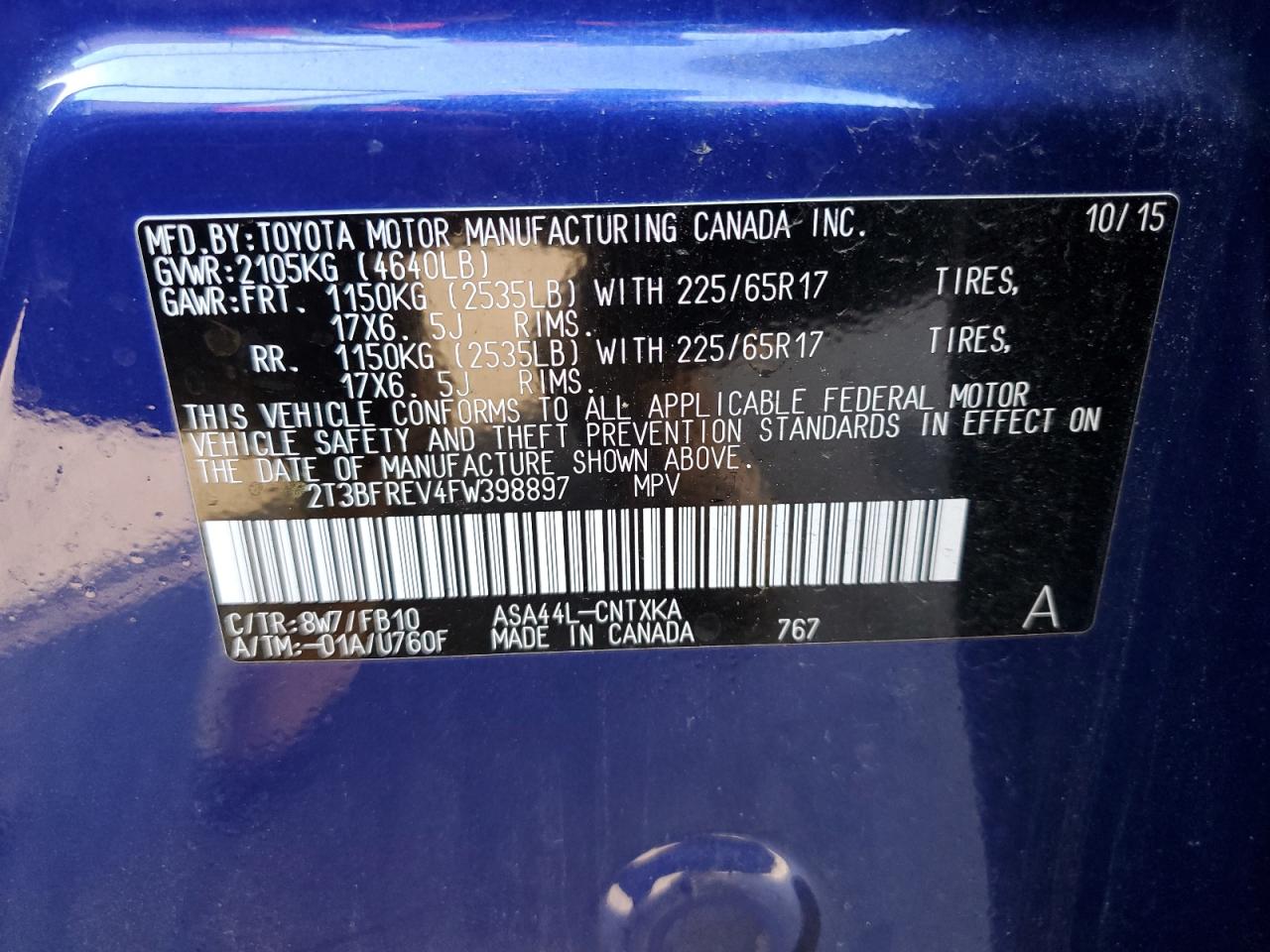 2015 Toyota Rav4 Le VIN: 2T3BFREV4FW398897 Lot: 80547725