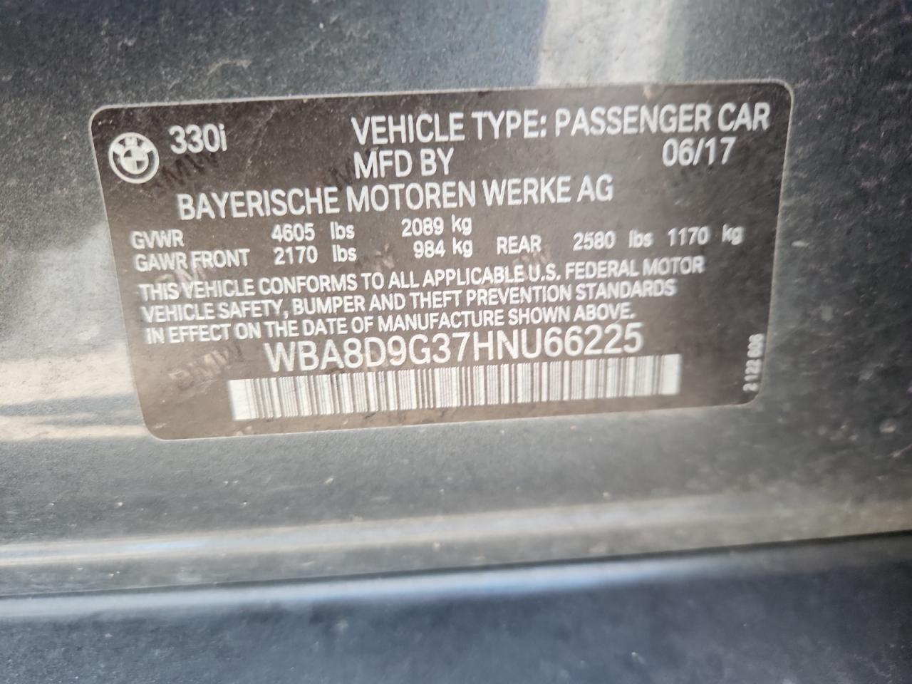 2017 BMW 330 Xi VIN: WBA8D9G37HNU66225 Lot: 80828265