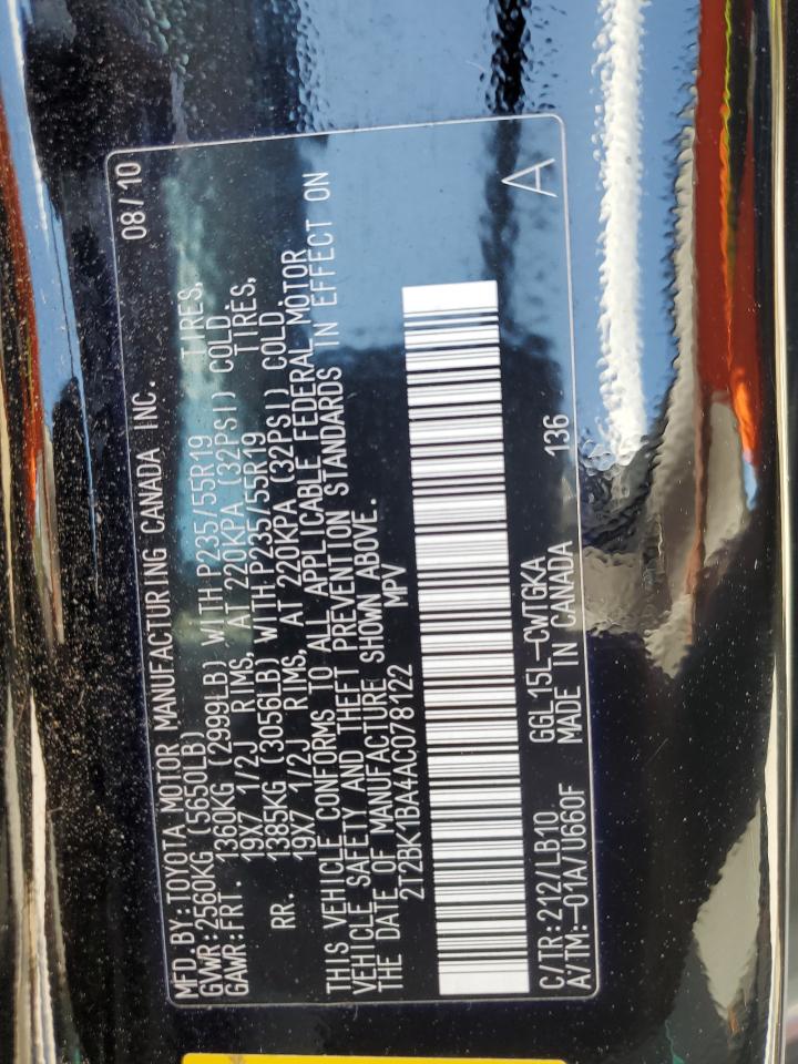 2010 Lexus Rx 350 VIN: 2T2BK1BA4AC078122 Lot: 81132635