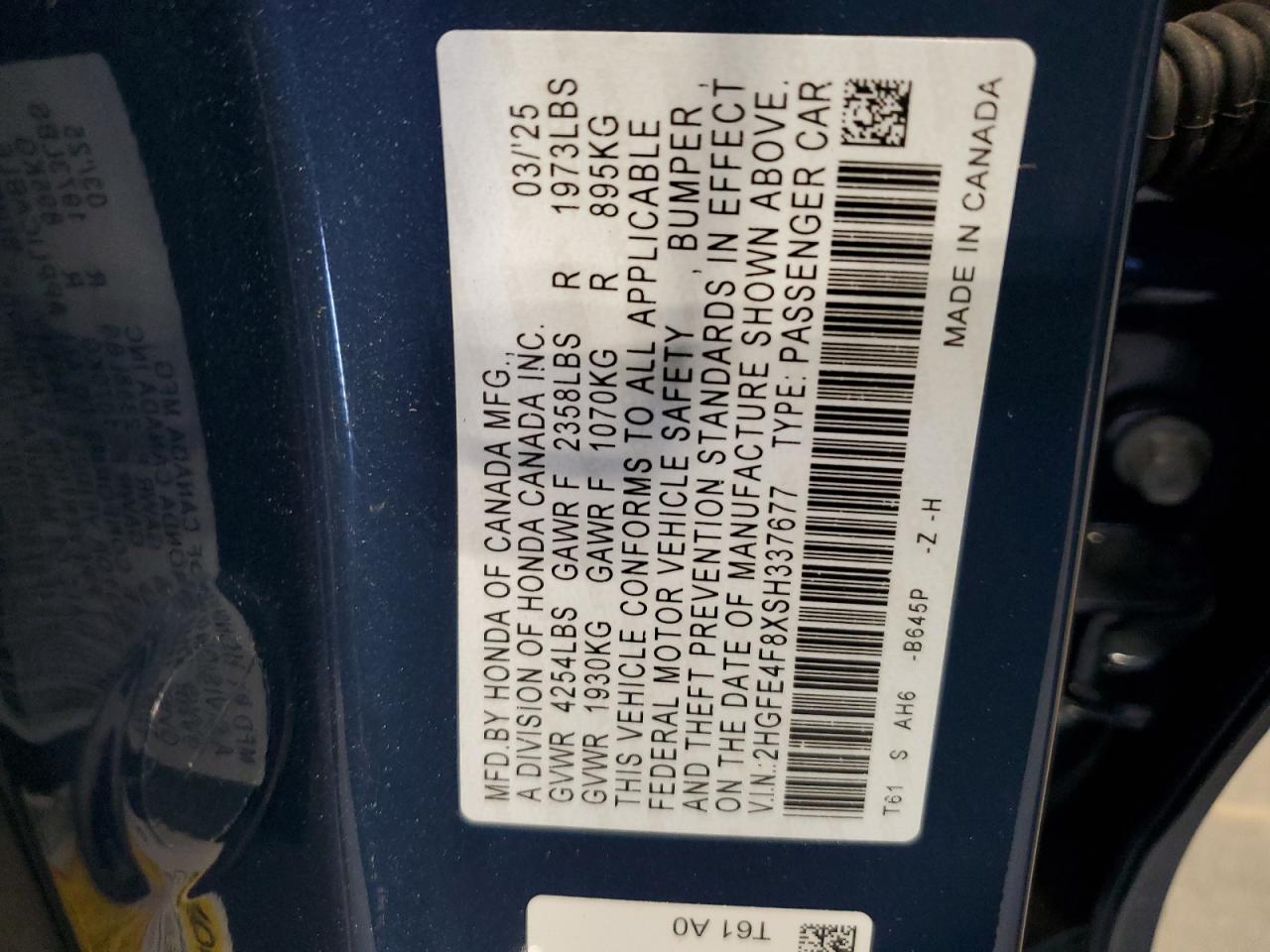 2025 Honda Civic Sport VIN: 2HGFE4F8XSH337677 Lot: 81058415