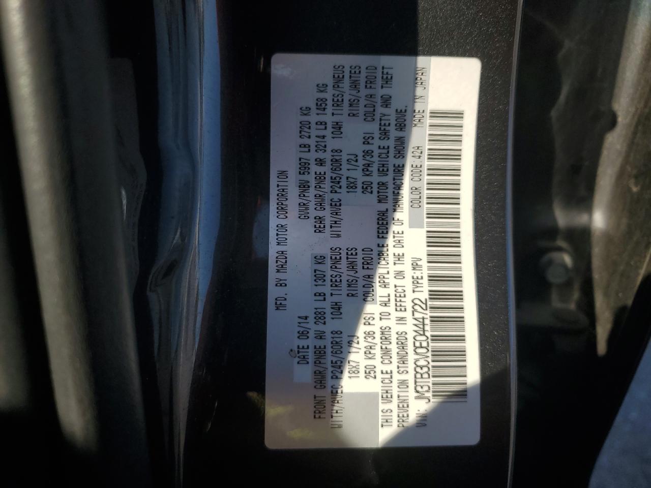 2014 Mazda Cx-9 Touring VIN: JM3TB3CV0E0444722 Lot: 80656735