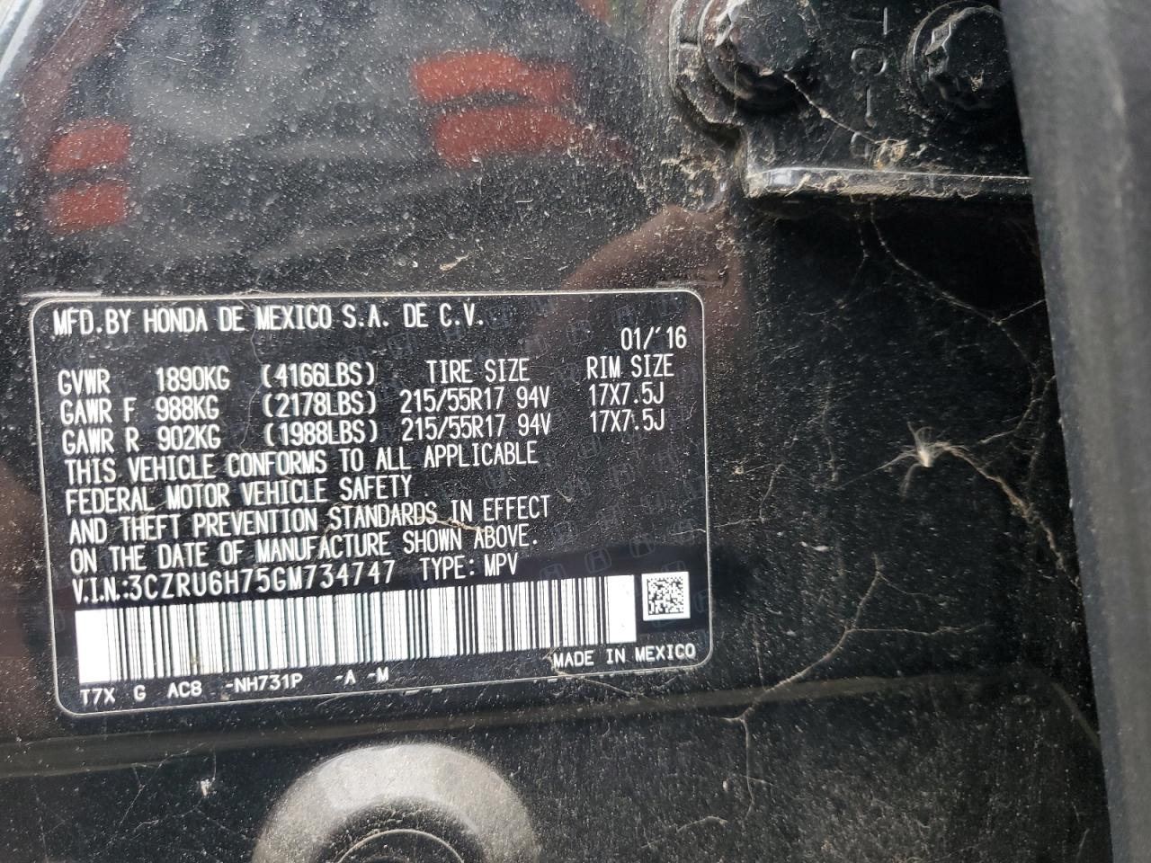 2016 Honda Hr-V Exl VIN: 3CZRU6H75GM734747 Lot: 80249295