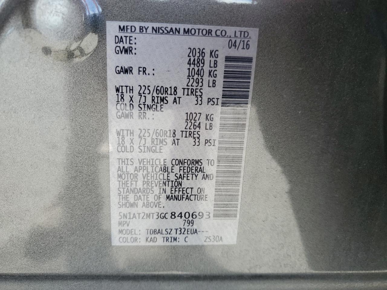 2016 Nissan Rogue S VIN: 5N1AT2MT3GC840693 Lot: 71063165