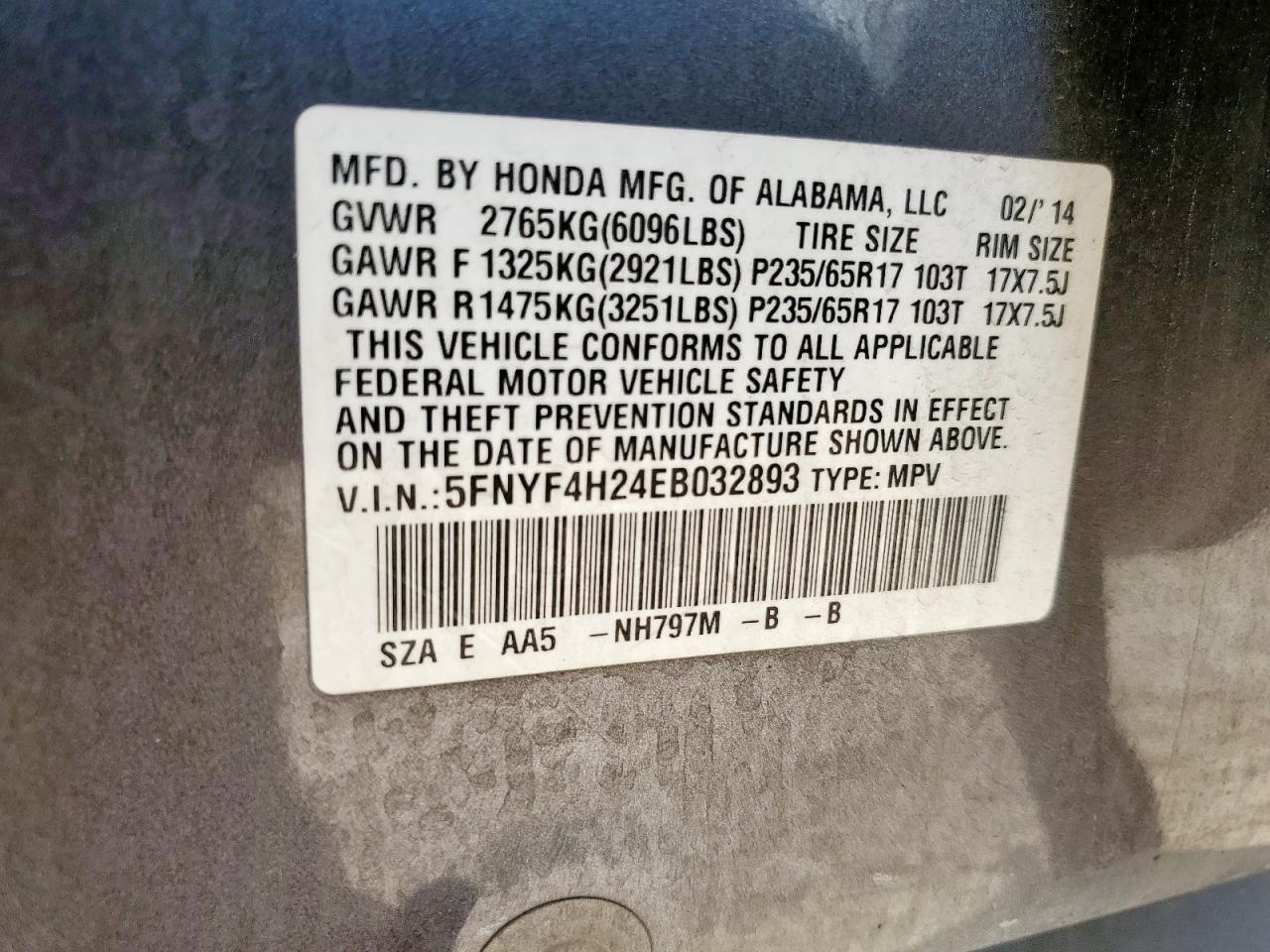 2014 Honda Pilot Lx VIN: 5FNYF4H24EB032893 Lot: 71684165