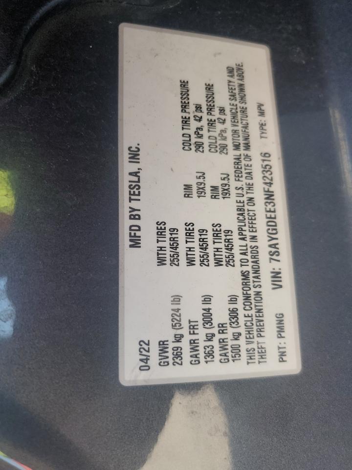 2022 Tesla Model Y VIN: 7SAYGDEE3NF423516 Lot: 80621915