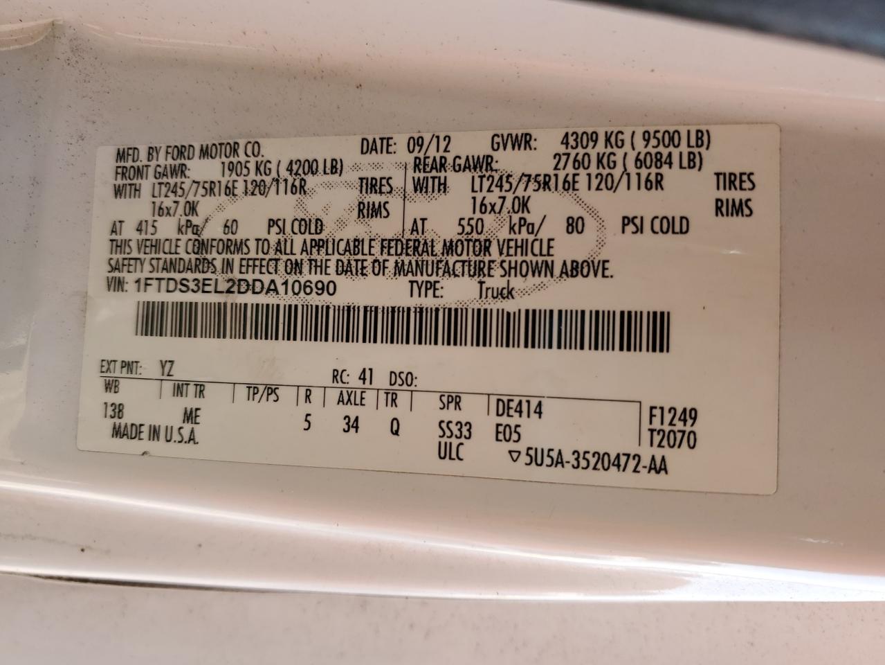 2013 Ford Econoline E350 Super Duty Van VIN: 1FTDS3EL2DDA10690 Lot: 71271795