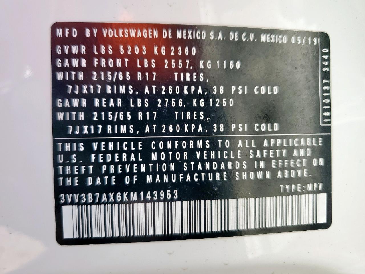 2019 Volkswagen Tiguan Se VIN: 3VV3B7AX6KM143953 Lot: 80566095