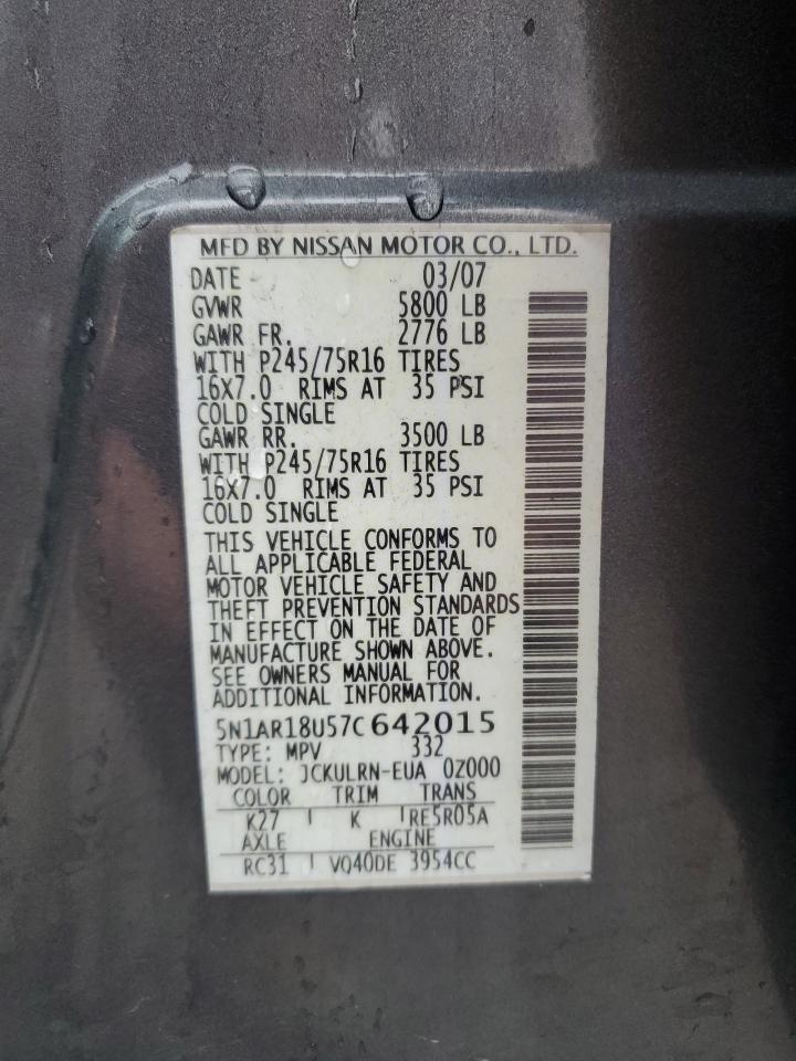 2007 Nissan Pathfinder Le VIN: 5N1AR18U57C642015 Lot: 81753715