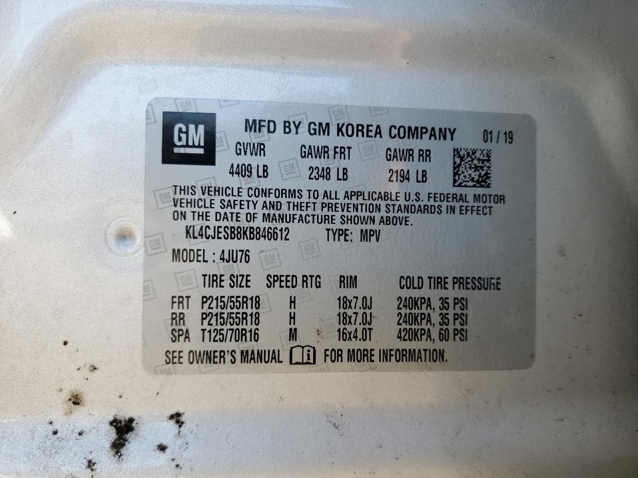 2019 Buick Encore Preferred VIN: KL4CJESB8KB846612 Lot: 84643615