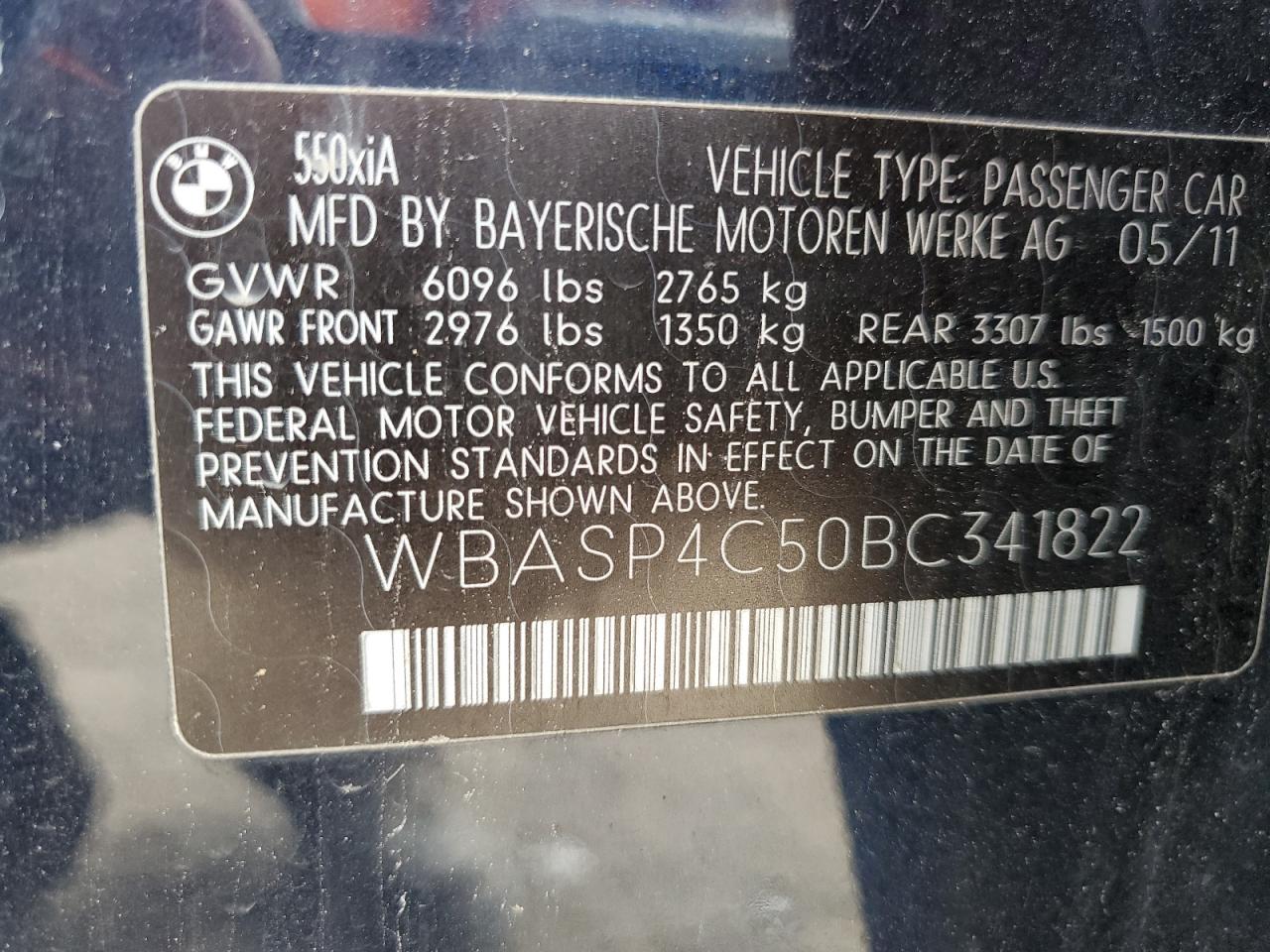 2011 BMW 550 Xigt VIN: WBASP4C50BC341822 Lot: 81274035