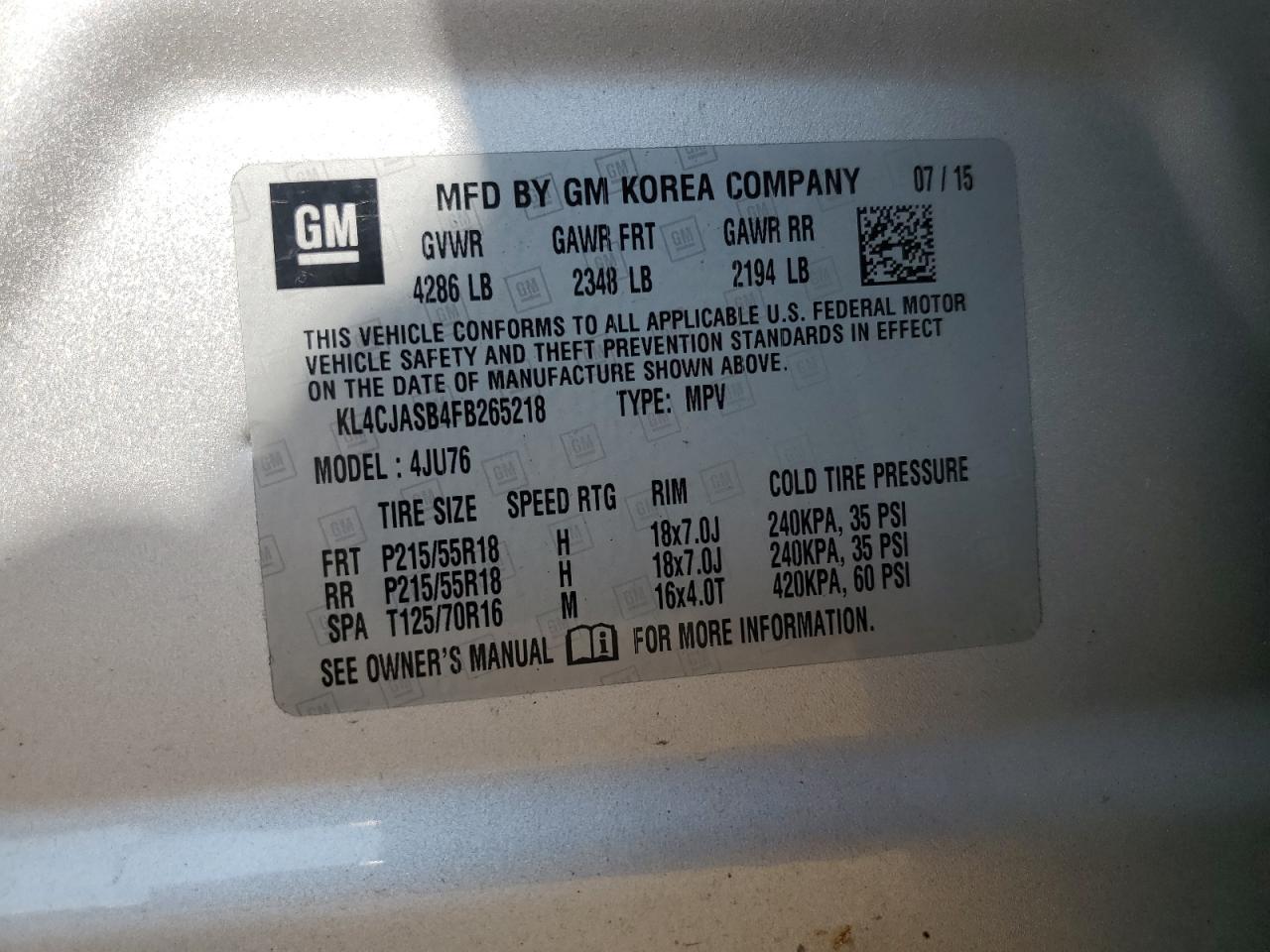 2015 Buick Encore VIN: KL4CJASB4FB265218 Lot: 81042105