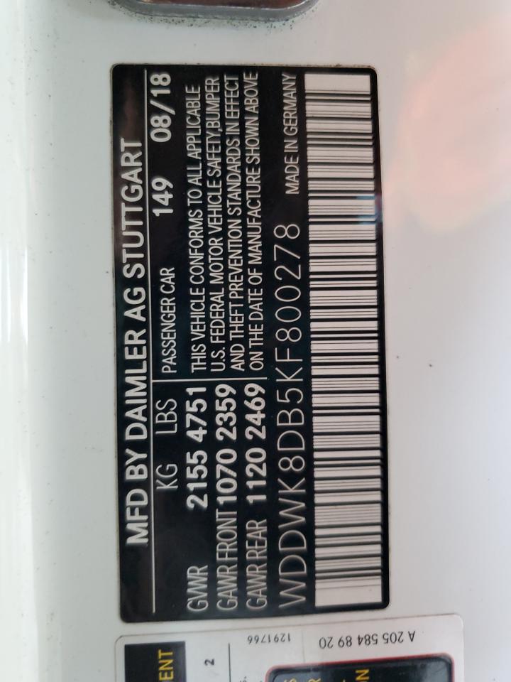 2019 Mercedes-Benz C 300 VIN: WDDWK8DB5KF800278 Lot: 71639205