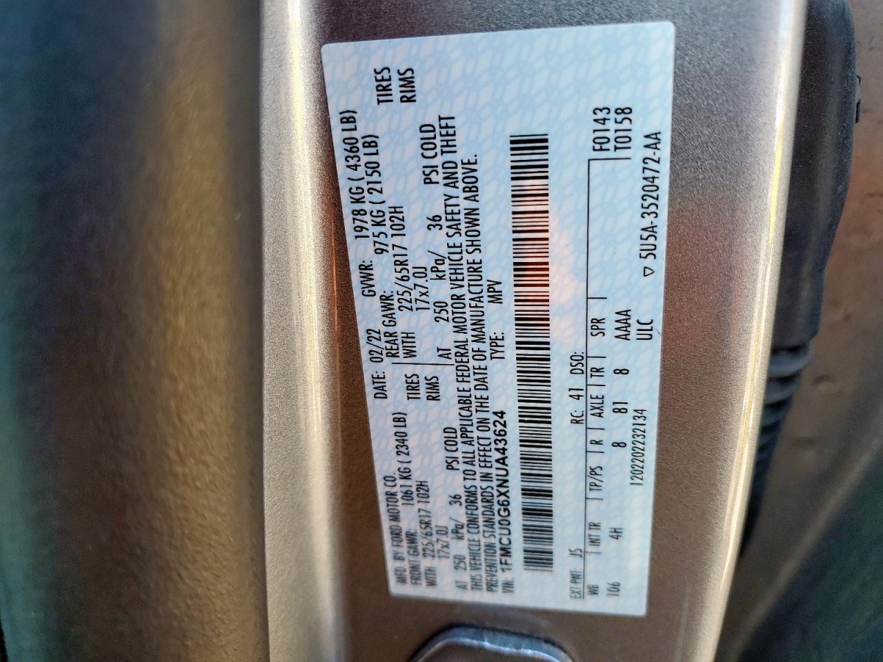 2022 Ford Escape Se VIN: 1FMCU0G6XNUA43624 Lot: 72090635