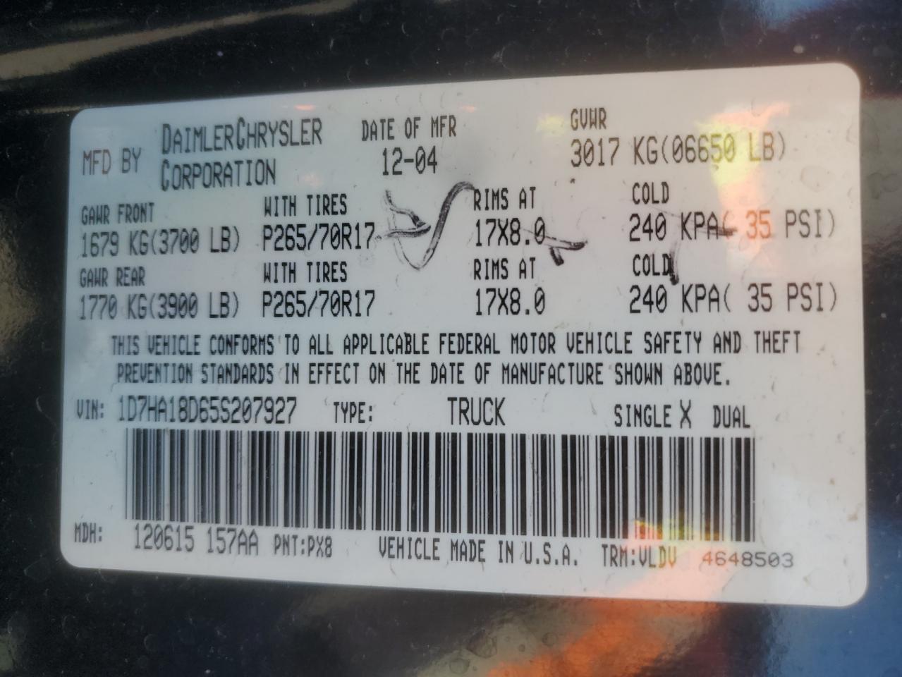 2005 Dodge Ram 1500 St VIN: 1D7HA18D65S207927 Lot: 81512645