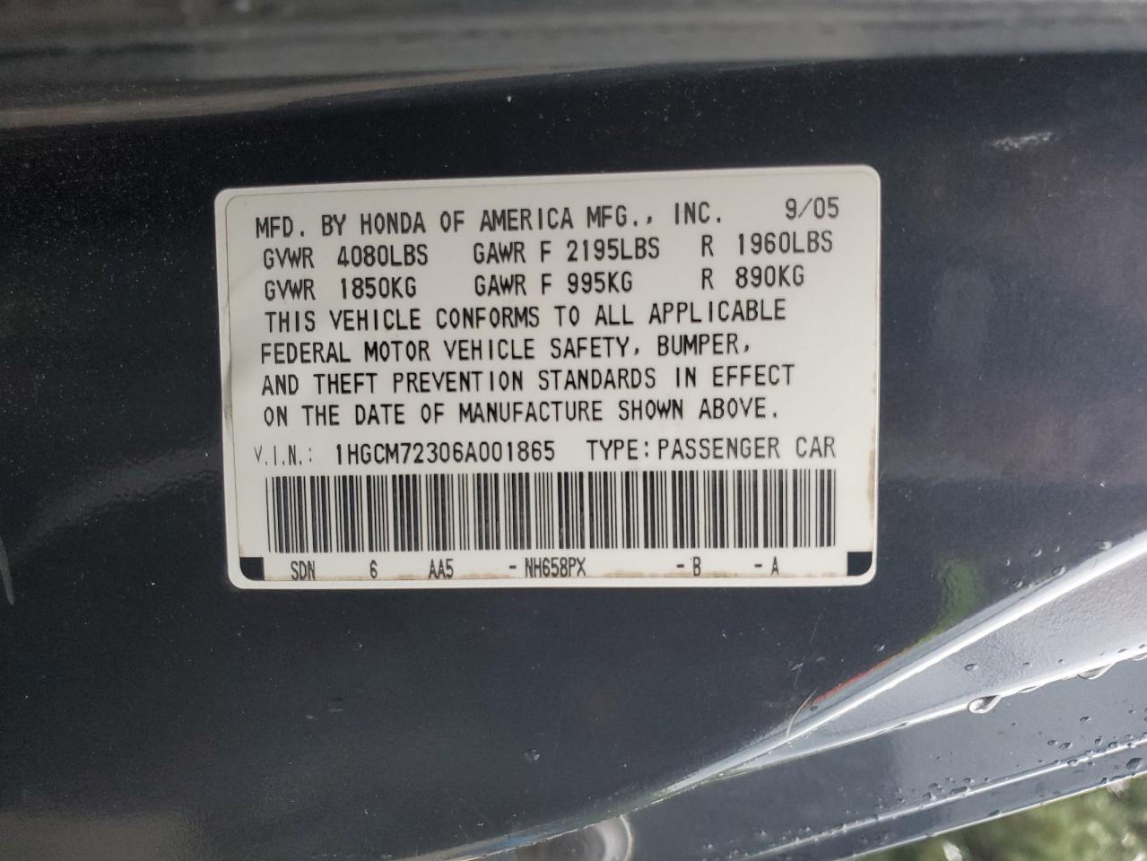 2006 Honda Accord Lx VIN: 1HGCM72306A001865 Lot: 84010615