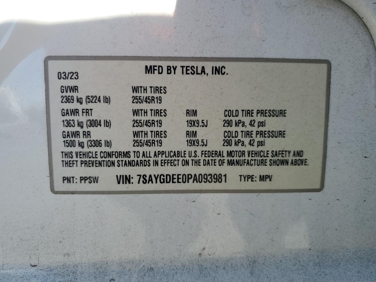 2023 Tesla Model Y VIN: 7SAYGDEE0PA093981 Lot: 71752045