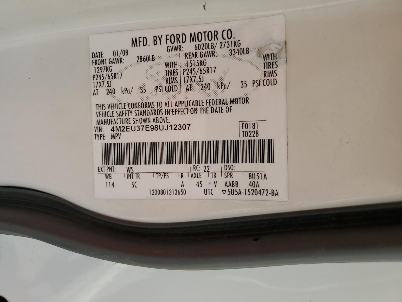 2008 Mercury Mountaineer Luxury VIN: 4M2EU37E98UJ12307 Lot: 80564005