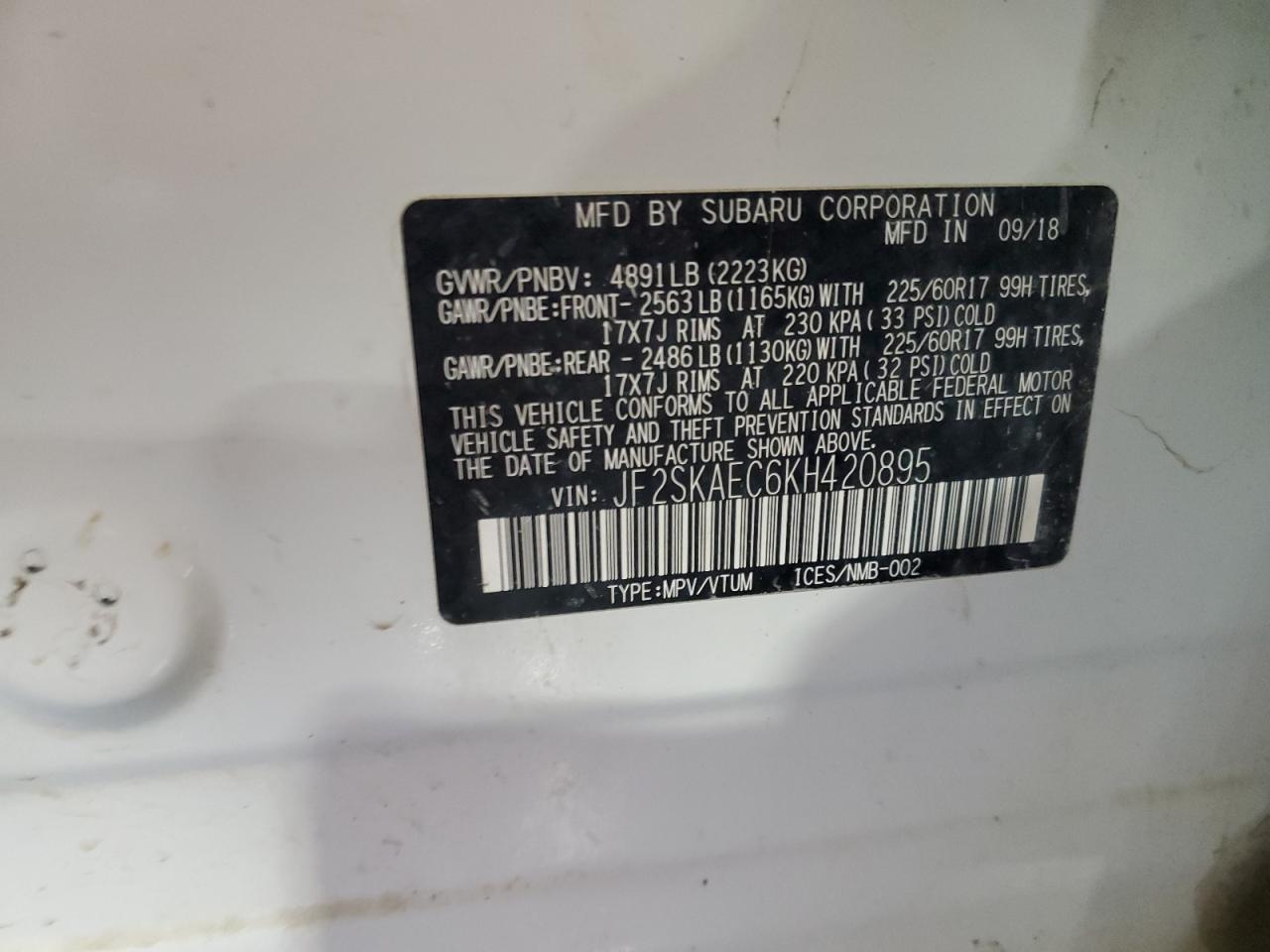 2019 Subaru Forester Premium VIN: JF2SKAEC6KH420895 Lot: 81460205