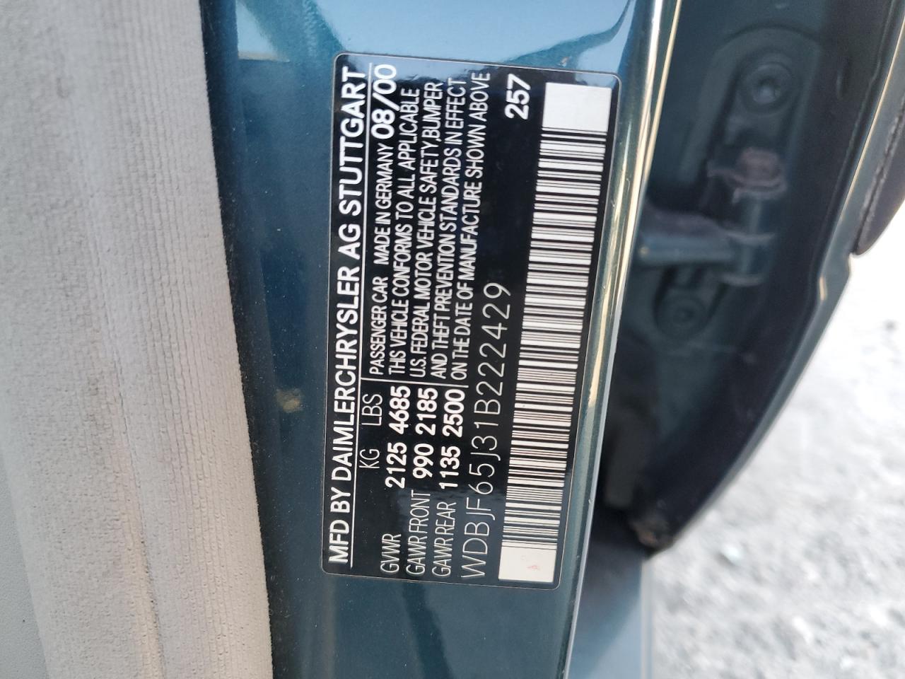 2001 Mercedes-Benz E 320 VIN: WDBJF65J31B222429 Lot: 81112055