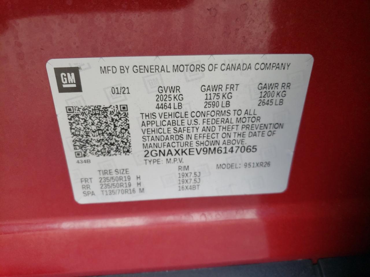 2021 Chevrolet Equinox Lt VIN: 2GNAXKEV9M6147065 Lot: 80391015