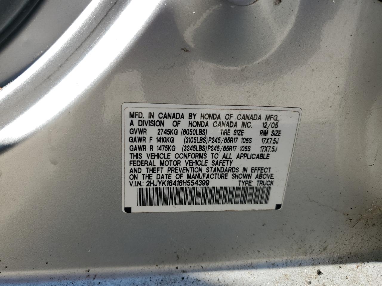 2006 Honda Ridgeline Rts VIN: 2HJYK16416H554399 Lot: 71103795