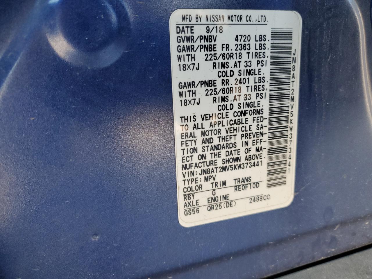 2019 Nissan Rogue S VIN: JN8AT2MV5KW373441 Lot: 71983495