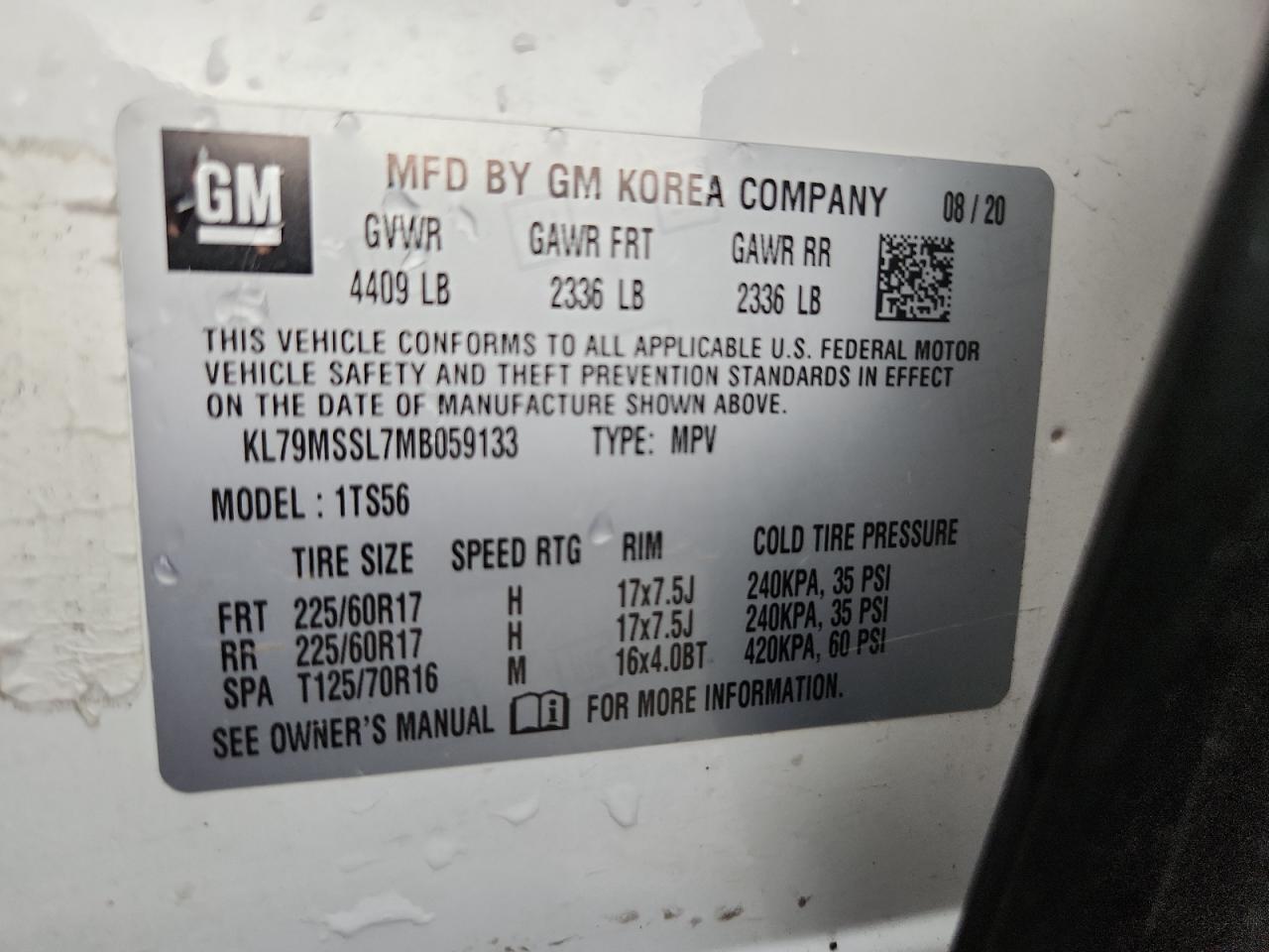 2021 Chevrolet Trailblazer Activ VIN: KL79MSSL7MB059133 Lot: 80527735