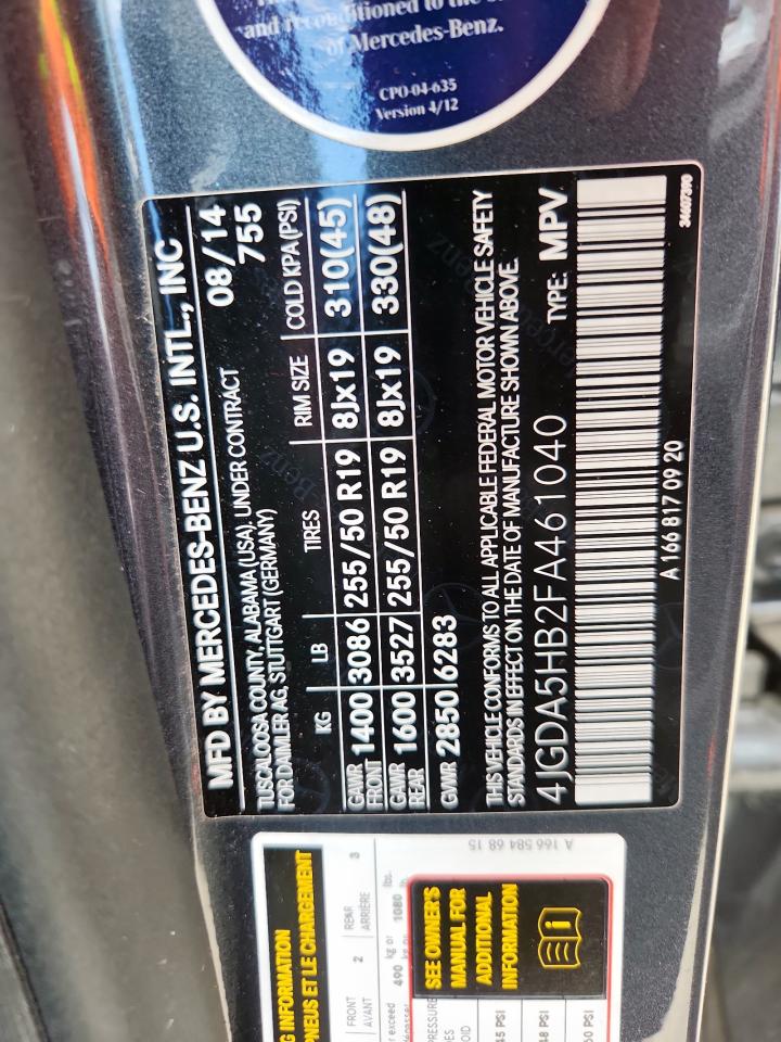 2015 Mercedes-Benz Ml 350 4Matic VIN: 4JGDA5HB2FA461040 Lot: 82074285