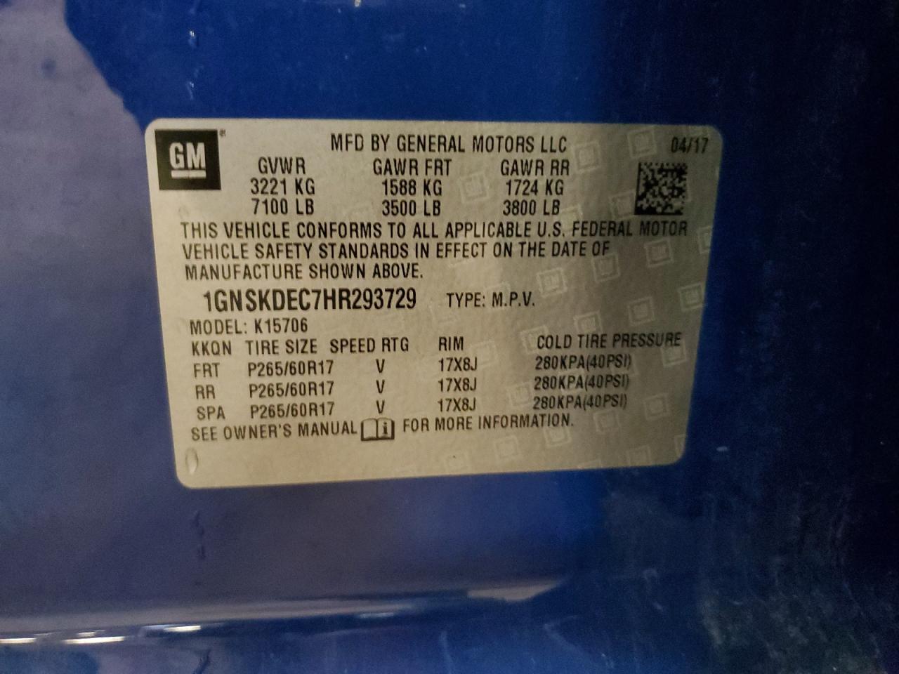 2017 Chevrolet Tahoe Police VIN: 1GNSKDEC7HR293729 Lot: 80177195