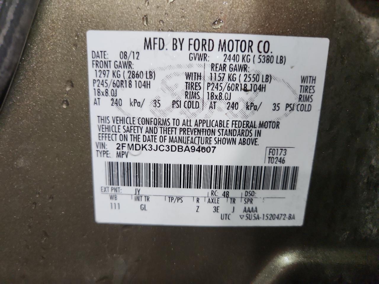 2013 Ford Edge Sel VIN: 2FMDK3JC3DBA94607 Lot: 81293405