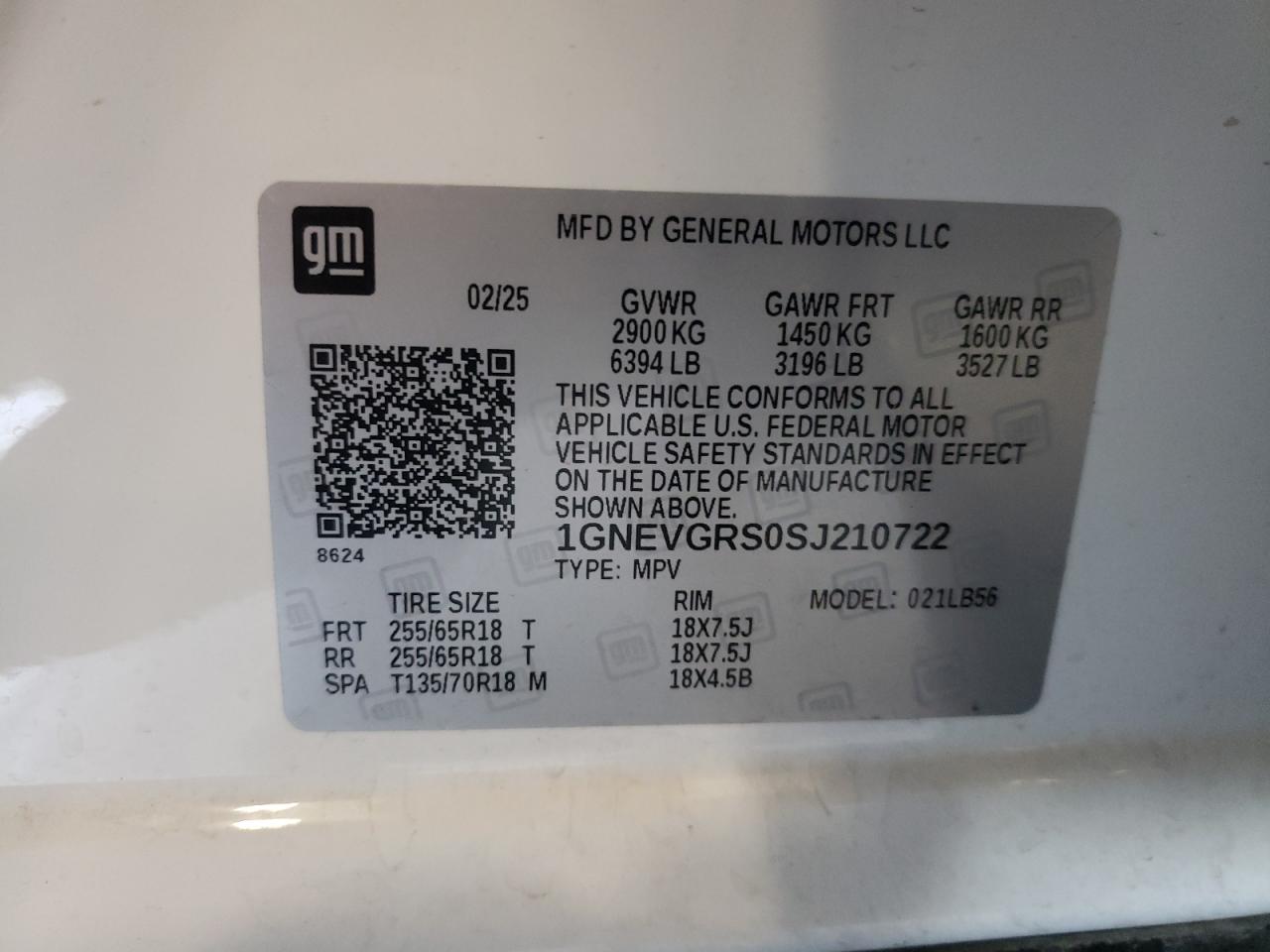 2025 Chevrolet Traverse Lt VIN: 1GNEVGRS0SJ210722 Lot: 84207925