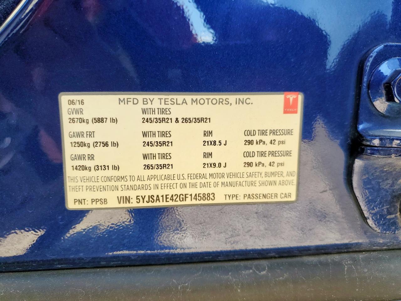 2016 Tesla Model S VIN: 5YJSA1E42GF145883 Lot: 81840585