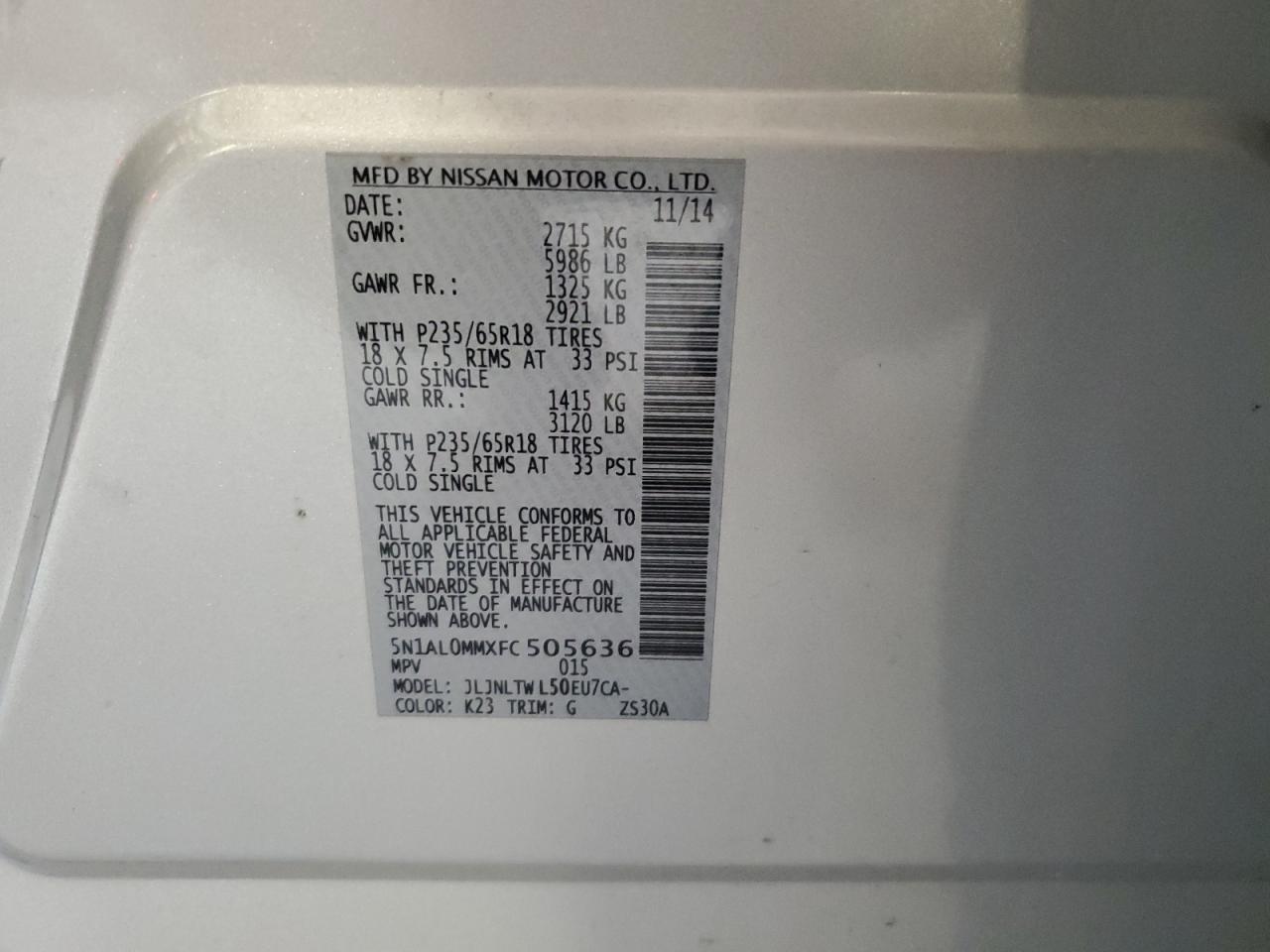 2015 Infiniti Qx60 VIN: 5N1AL0MMXFC505636 Lot: 71436995