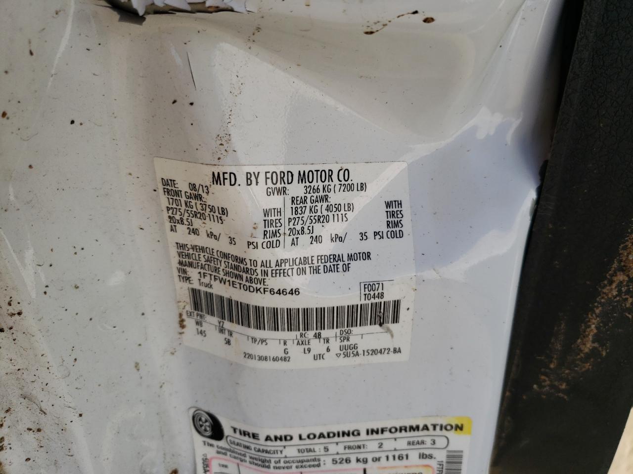 2013 Ford F150 Supercrew VIN: 1FTFW1ET0DKF64646 Lot: 71878465