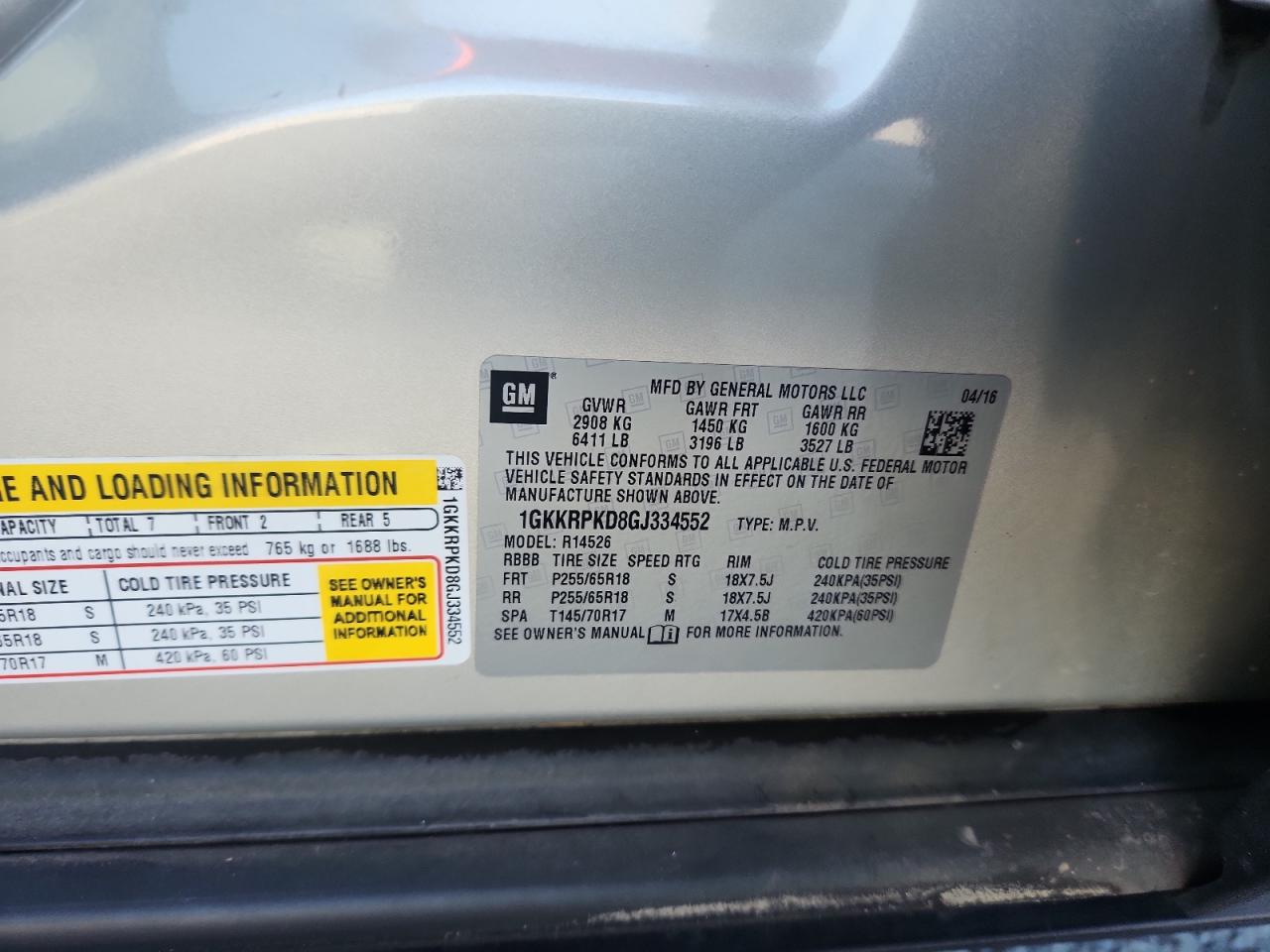 2016 GMC Acadia Sle VIN: 1GKKRPKD8GJ334552 Lot: 80856205