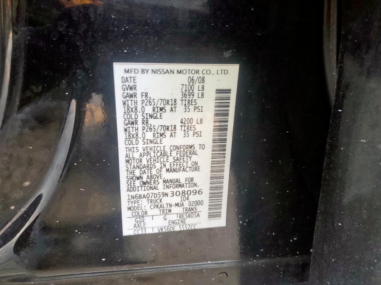 2009 Nissan Titan Xe VIN: 1N6BA07D59N308096 Lot: 71693635